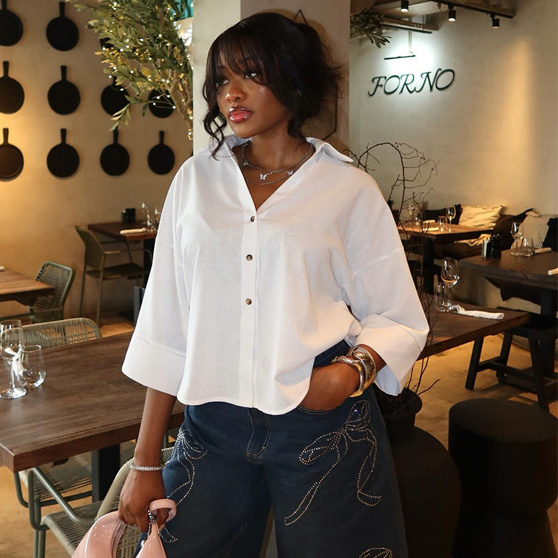 European and american cross-border women's clothing:  summer new arrival - casual turn-down collar, loose fit, versatile, designer striped shirt top