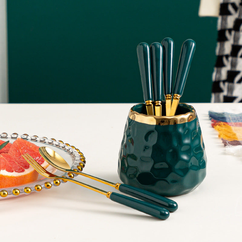 Simple fruit fork spoon ceramic storage jar stainless steel high-looking ceramic handle fruit fork household set wholesale