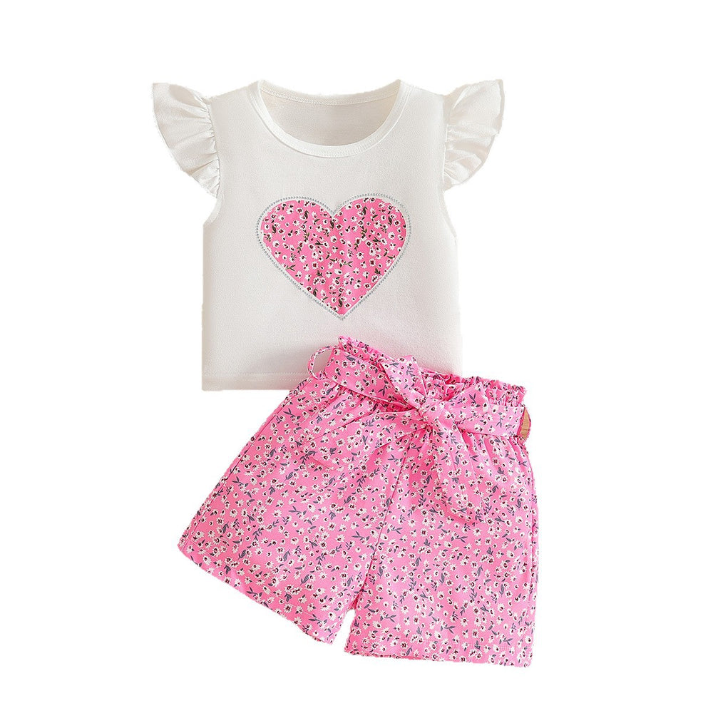 girls' summer outfit: white flutter sleeve short-sleeve top with heart and floral print patchwork shorts, includes belt - two-piece set for kids