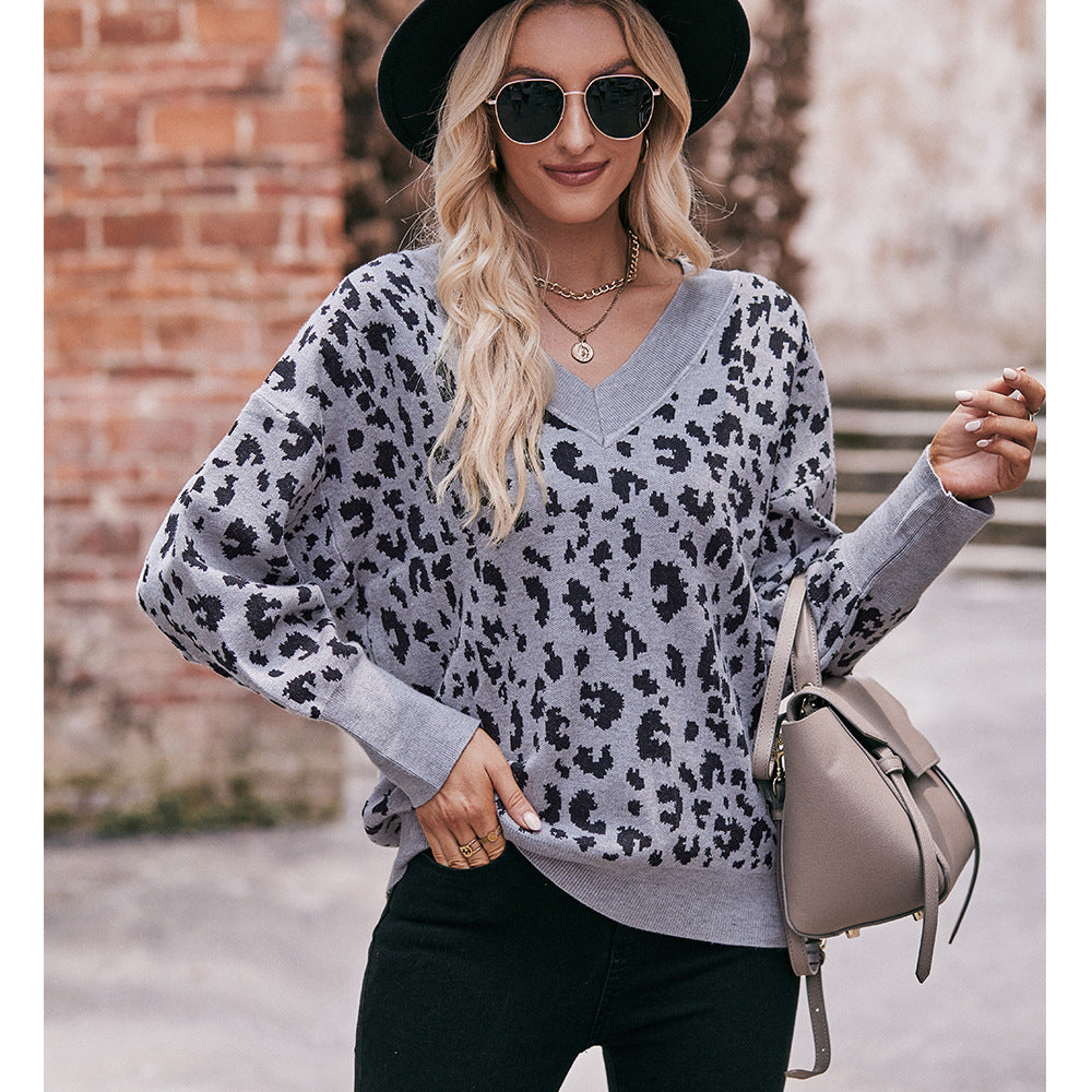 Europe, America and  2023 autumn and winter  new women's clothing V-neck off-the-shoulder leopard print pullover loose fashion sweater