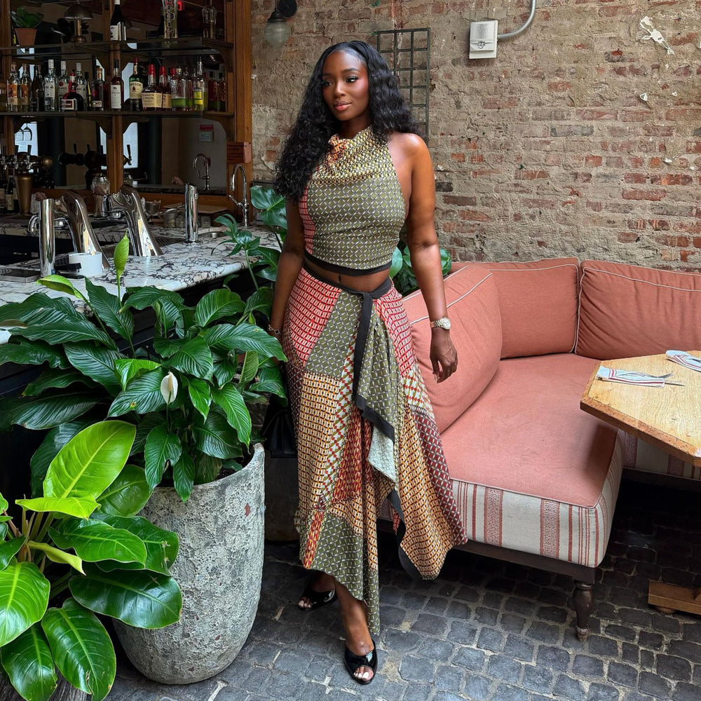 European and american cross-border women's fashion  summer new arrival: elegant halter neck sleeveless printed top and asymmetrical midi skirt set