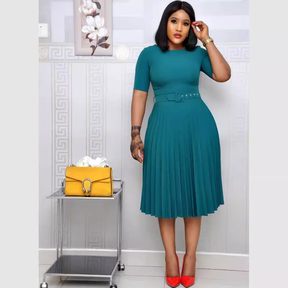 Export fashion women's clothing independent station  new african cross-border  pure color pleated dress in stock