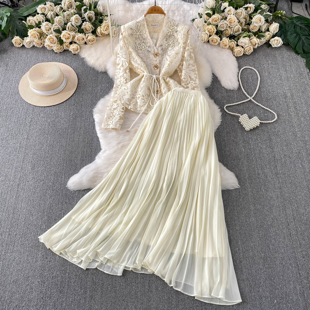 French chic lace v-neck cardigan & high-waisted pleated skirt set - autumn's elegant & sophisticated two-piece