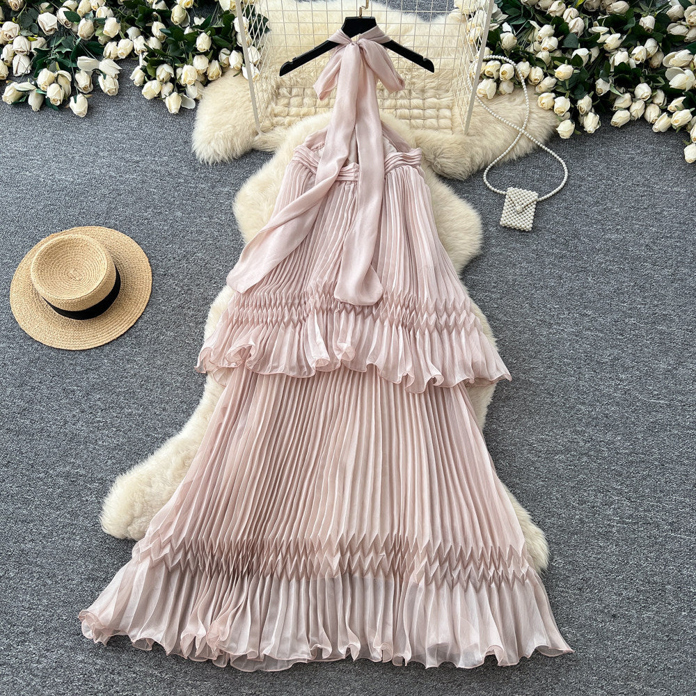 French halter sleeveless backless pleated dress women's summer k-stylehigh waist cake skirt fairy holiday style long skirt