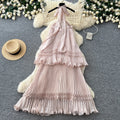 French halter sleeveless backless pleated dress women's summer k-stylehigh waist cake skirt fairy holiday style long skirt