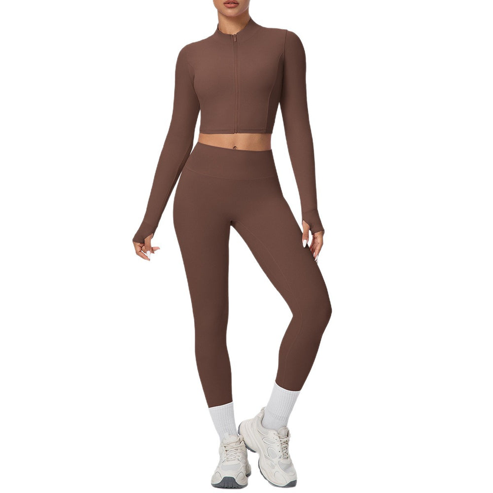 Ready-to-ship cross-border solid color double-sided brushed naked feel cropped jacket set - tight-fitting running, fitness, and yoga two-piece outfit