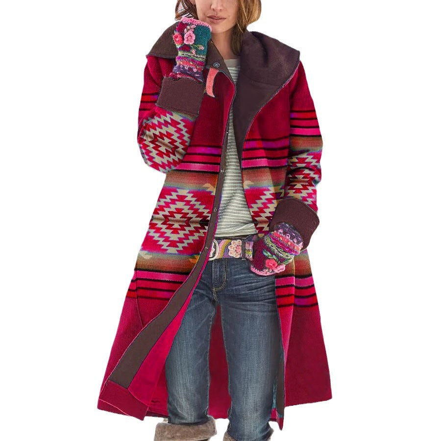 fall/winter new european and american style women's outerwear - -ready mid-length printed top, long sleeve dragon and phoenix wool blend coat