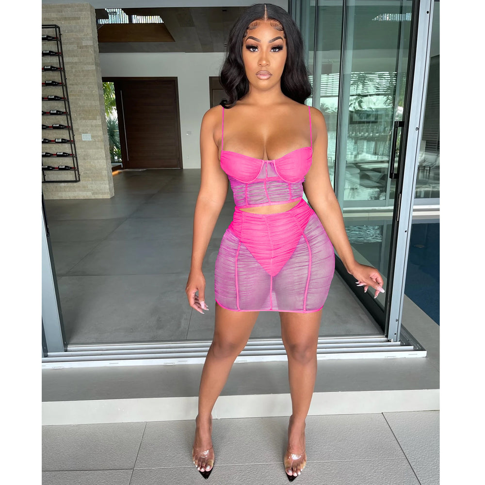 C5176 in-stock summer fashion sexy camisole solid color milk silk mesh see-through bodycon mini skirt two-piece set for women