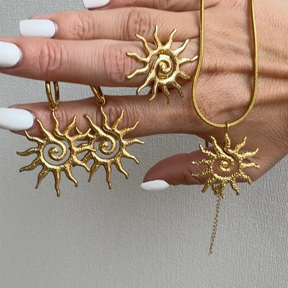 Golden sun necklace wholesale european and american cross-border hollow pendant earrings niche high-end spiral jewelry ring for women