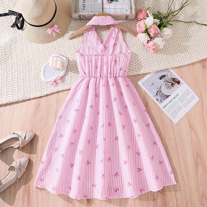 Girls' summer dress: new fashion halter neck sleeveless sweet bow striped european and american casual shirt dress