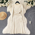 Vintage chic french tea dress: drawstring tie, unique design, slim waist, fishtail knit dress for women