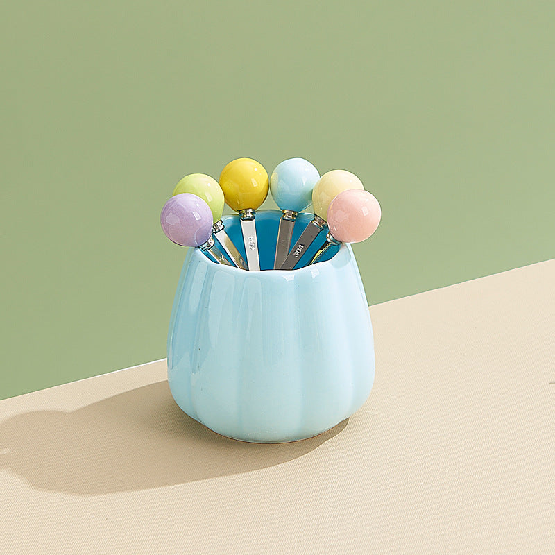 Dopamine color mixing stainless steel fruit forks, high-value afternoon tea dessert fork and spoon set with ceramic storage jar