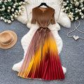 Elegant v-neck gradient color dress - women's summer korean style, slimming a-line pleated maxi dress with drape