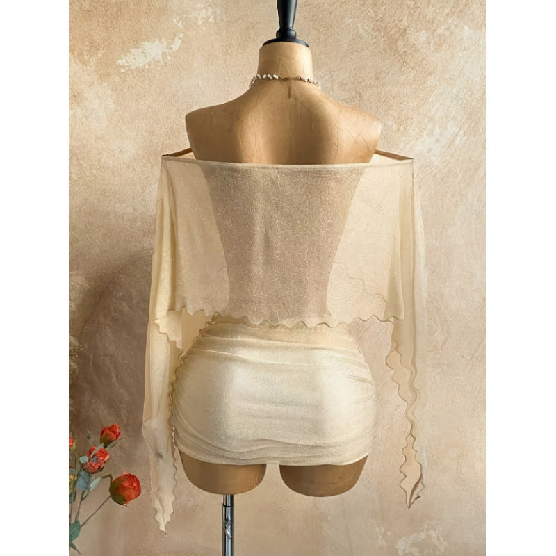 Women's summer sexy vacation see-through asymmetrical one-shoulder long sleeve top with solid color midi skirt (accessories not included)