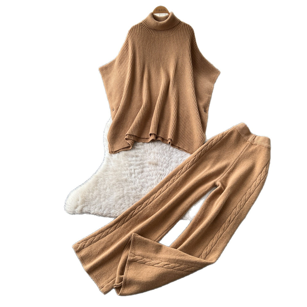 Lazy style knittingtwo-piece set for women autumhigh collartopsloose pants silmslimming looksweaterwork clothingsuit