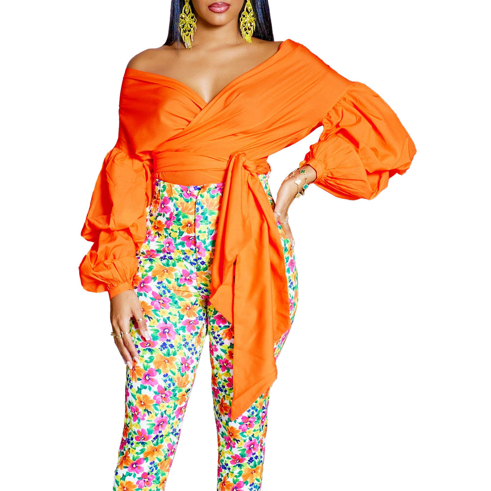D486 new arrival: summer fashion solid color off-shoulder criss-cross tie-up puff sleeve sexy v-neck blouse - african style top