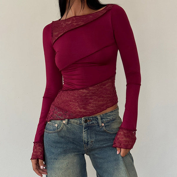 wish spring new splicing top women, European and American fashion sexy slim-fitting hook-up long-sleeved crew neck T-shirt