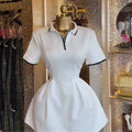 European and american women's clothing  autumn new collection: sweet and fresh polo collar short sleeve a-line mini dress with cinched waist
