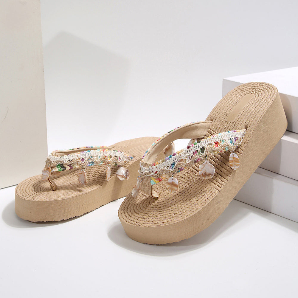 plus size beach slippers women's summer outwearthick sole high heel sandals women's tassel wedge bohemia flip-flops