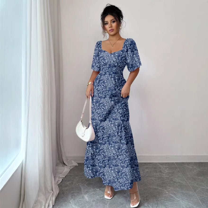 new cross-border bubble sleeve v-neck square neck summer dress