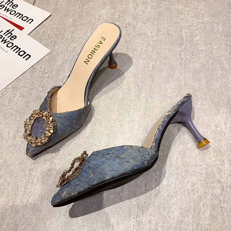Women's summer outdoor slippers, 2023 new french style rhinestone high heel mules, stiletto heel closed-toe sandals, black