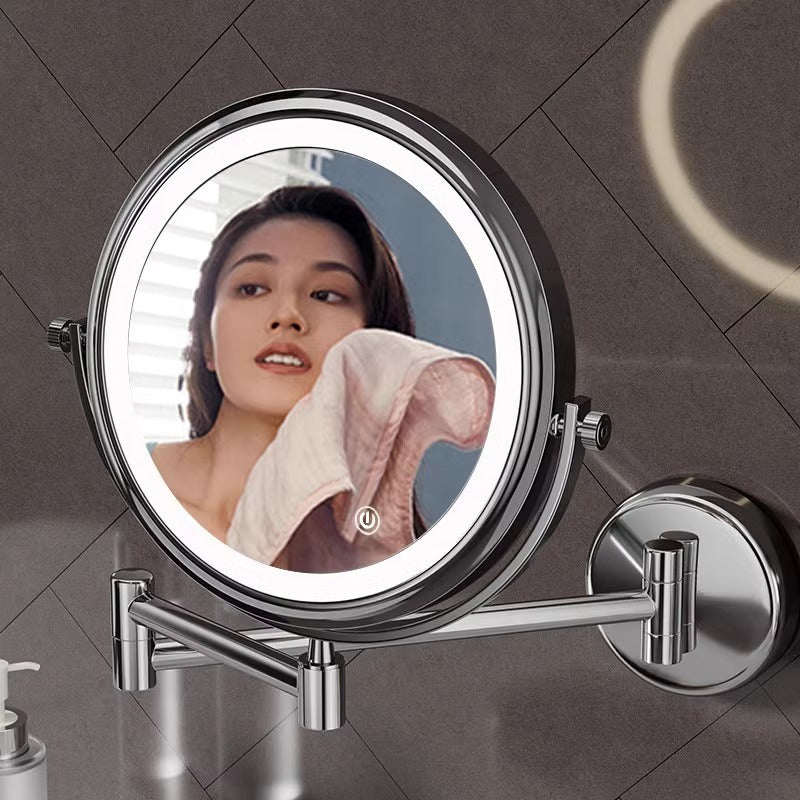 Perforated magnifying glass bathroom with light makeup mirror high definition led free foldable dressing mirror wall hanging telescopic bathroom