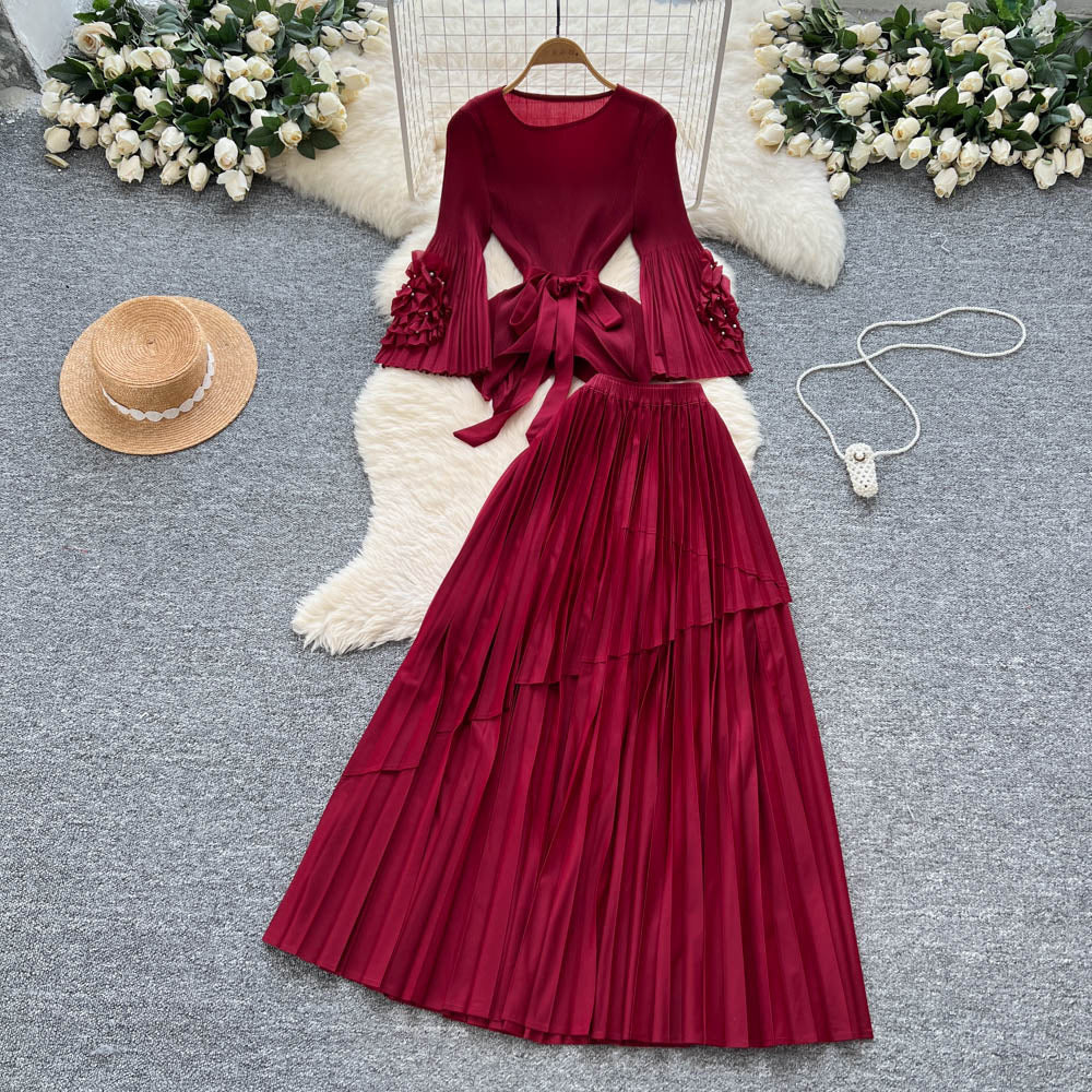 Fashionsense of design strappy waist flared sleeves asymmetrical pleated topshigh waistslimming look large swing skirt suit