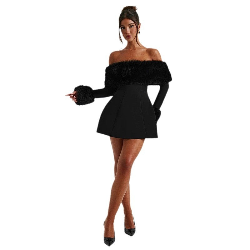 European and american  fall/winter new arrival: cross-border women's fashionable, elegant, and sexy shearling collar off-the-shoulder slim-fit a-line dress