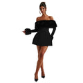 European and american  fall/winter new arrival: cross-border women's fashionable, elegant, and sexy shearling collar off-the-shoulder slim-fit a-line dress
