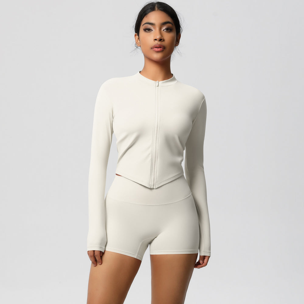 pure color brushed nylon nude zipper outwearlong sleeves yoga suit tight running sports fitness suit