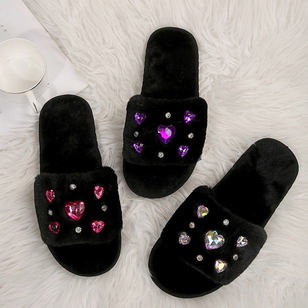 Wish supply flats rhinestone fur slippers women's fall and winter new arrival flats flip-flops cross-border plus sizeexport women's shoes
