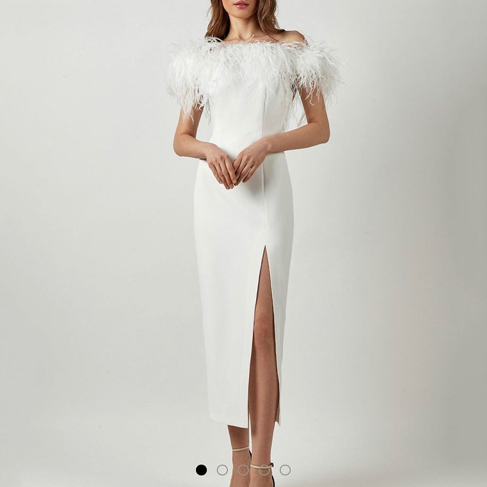2024 cross-border spring/summer new european and american style one-shoulder evening gown feather socialite dress banquet elegant long dress