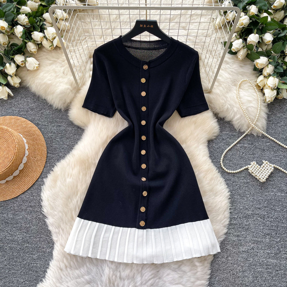 French chic sweet knit round neck dress - women's summer high-end black short sleeve ruffle hem work dress