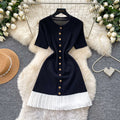 French chic sweet knit round neck dress - women's summer high-end black short sleeve ruffle hem work dress