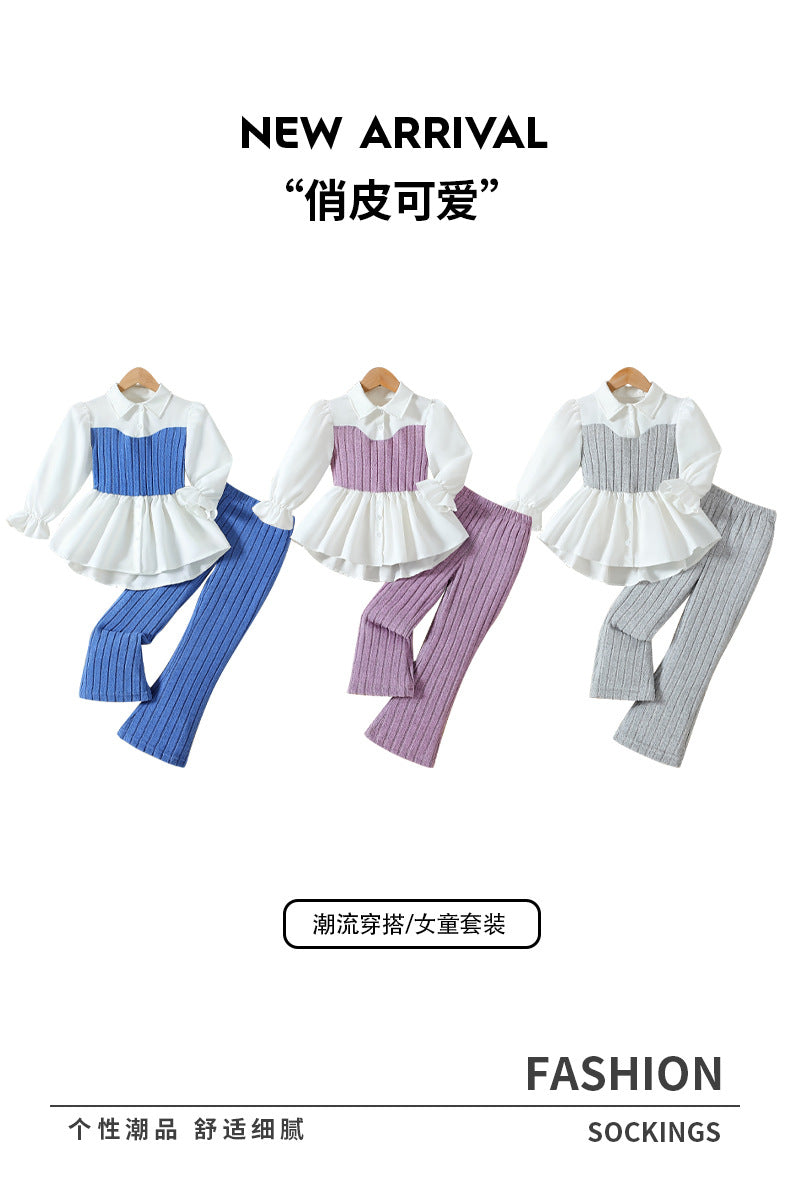 girls' pink knitted vest & lace-trimmed shirt set with woolen striped trousers - two-piece outfit for kids