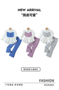 girls' pink knitted vest & lace-trimmed shirt set with woolen striped trousers - two-piece outfit for kids