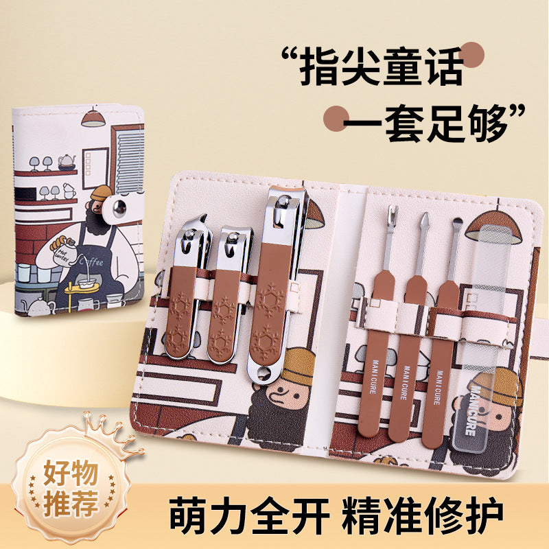 Cartoon stainless steel angled edge nail clipper set - 7 piece manicure & pedicure tool kit