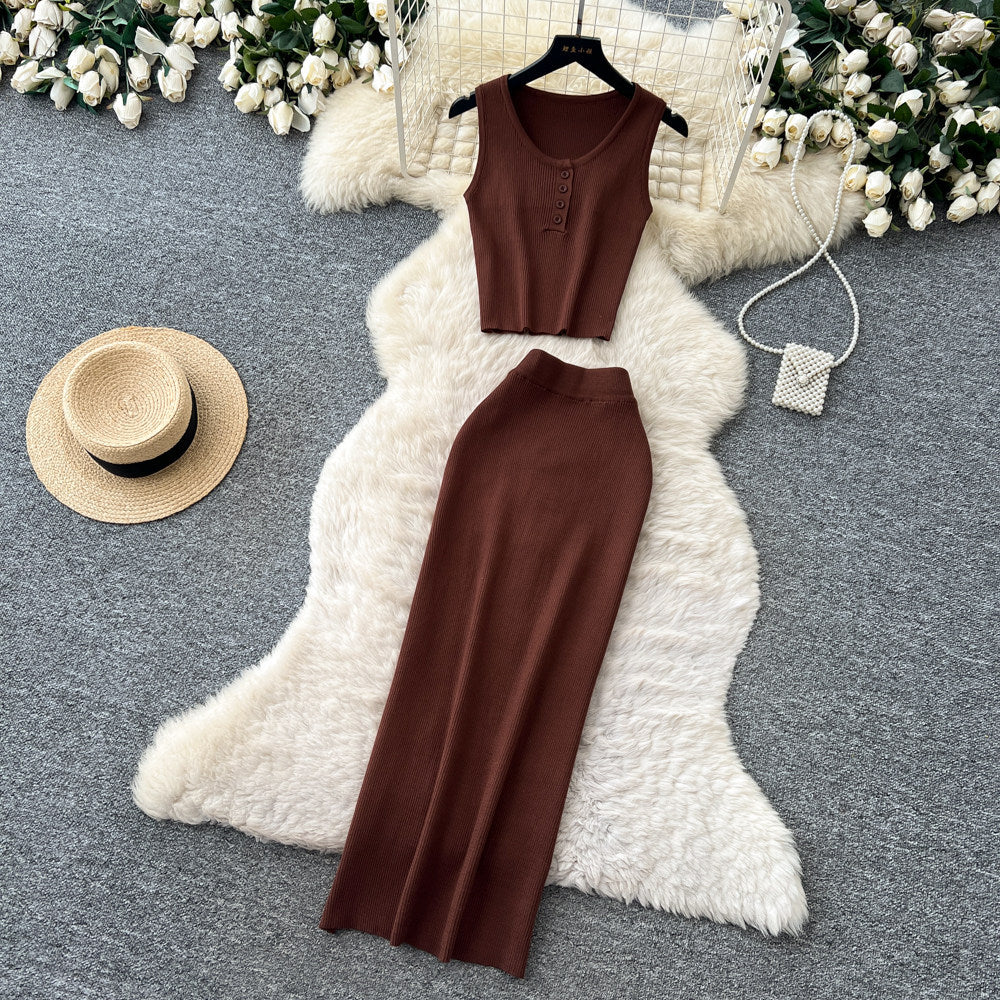 Luxury minimalist sleeveless knit two-piece set for women - summer casual commute high-waisted slimming fit
