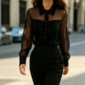 fashion  summer new arrivalpatchwork mesh lapel shirt see-through long sleeves single-breasted work clothing black tops