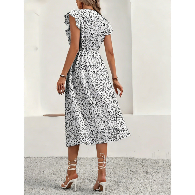 code new arrival  women's single-breasted v neck cardigan ruffle sleeve floral dress