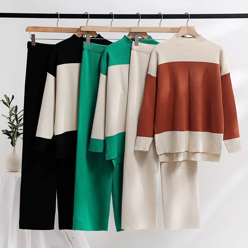 K-stylelong sleevesfashionsuit women's loose stand collar stripesknitting shirttopstwo-piece sethigh waiststraight-legloose pants