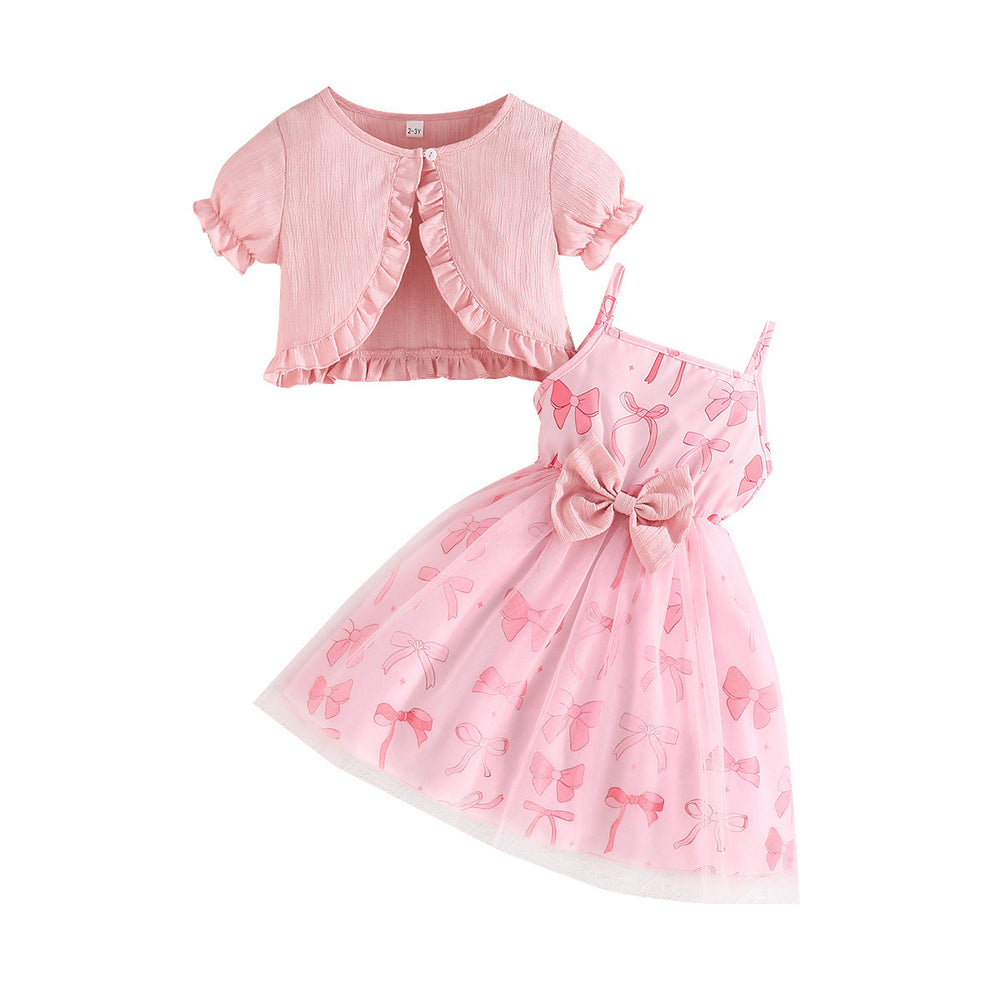 summer bow-printed cami dress + solid color jacket fashionable sweetheart european and american style pinafore dress girls' set