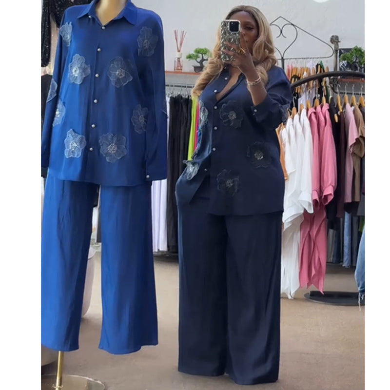 European and american women's clothing  autumn new collection: sweet and fresh collared appliqué long-sleeve shirt and high-waisted straight-leg pants two-piece set