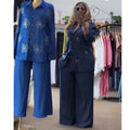 European and american women's clothing  autumn new collection: sweet and fresh collared appliqué long-sleeve shirt and high-waisted straight-leg pants two-piece set