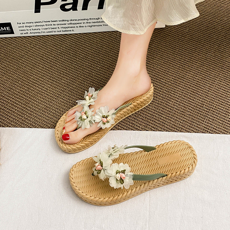 New platform heel 4cm fairy style floral flip-flops - women's summer outdoor anti-slip versatile beach sandals