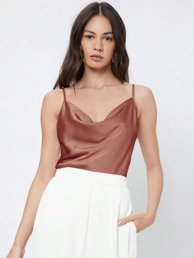 Suit with artificial silk satin suspenders women's stacked collar outwear sexy bottom swing collar short tops