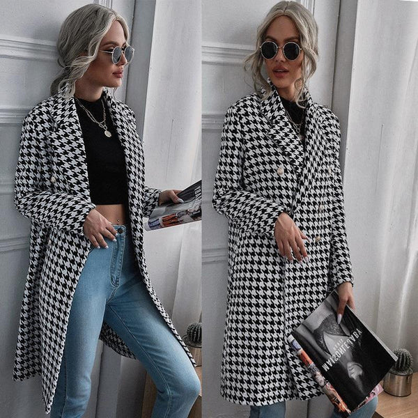 2023 autumn and winter  women's clothing new  Europe and the United States  fashion thousand bird grid printing long woolen coat