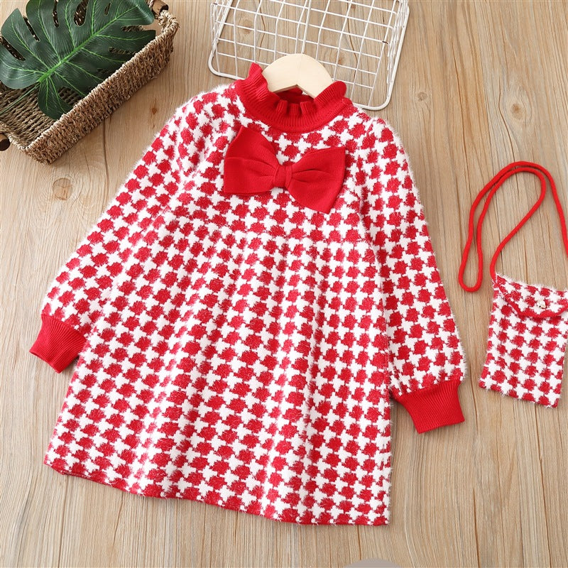 Girls' knit sweater dress with bag -  autumn/winter new arrival - houndstooth bowknot lace fashion dress