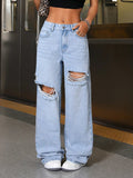 Fashionjeans women's light blue big hole raw edge loose pants high street distressed loosemop denim pants