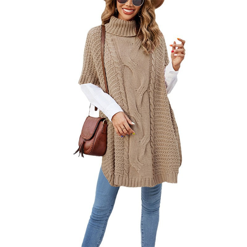 Cross-border women's clothing autumn and winter 2025 new turtleneck twist shawl knitted sweater loose half-sleeved  vest sweater